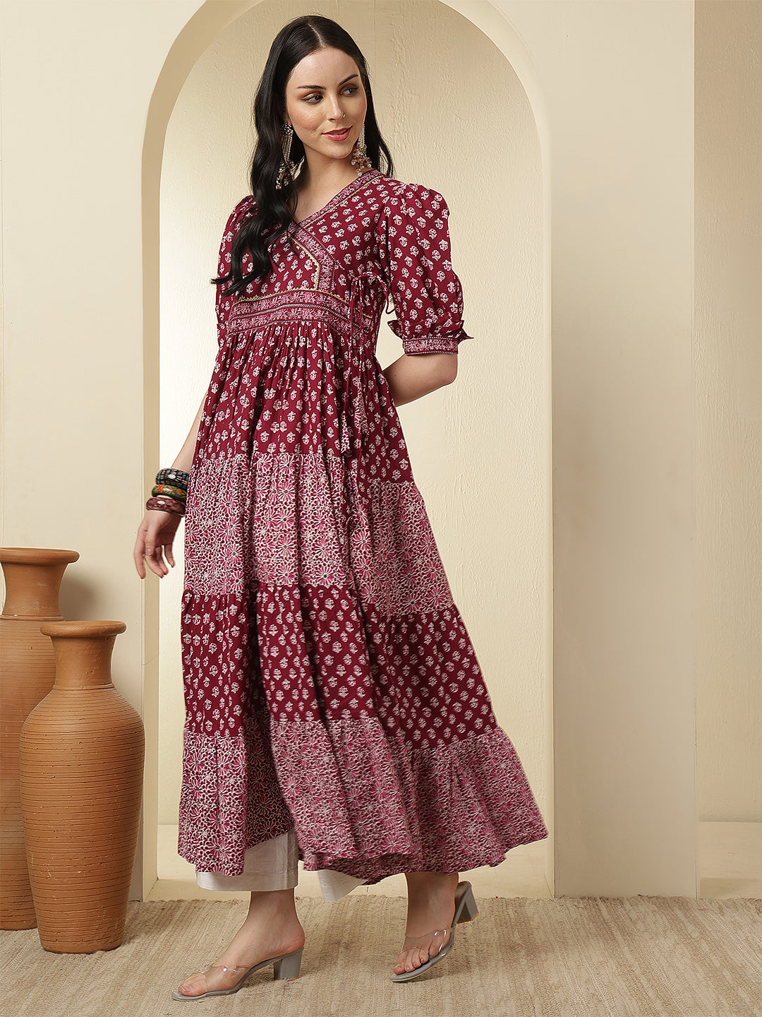 Women Rayon Printed Ankle Length Short Sleeve Round Neck Tiered Kurta