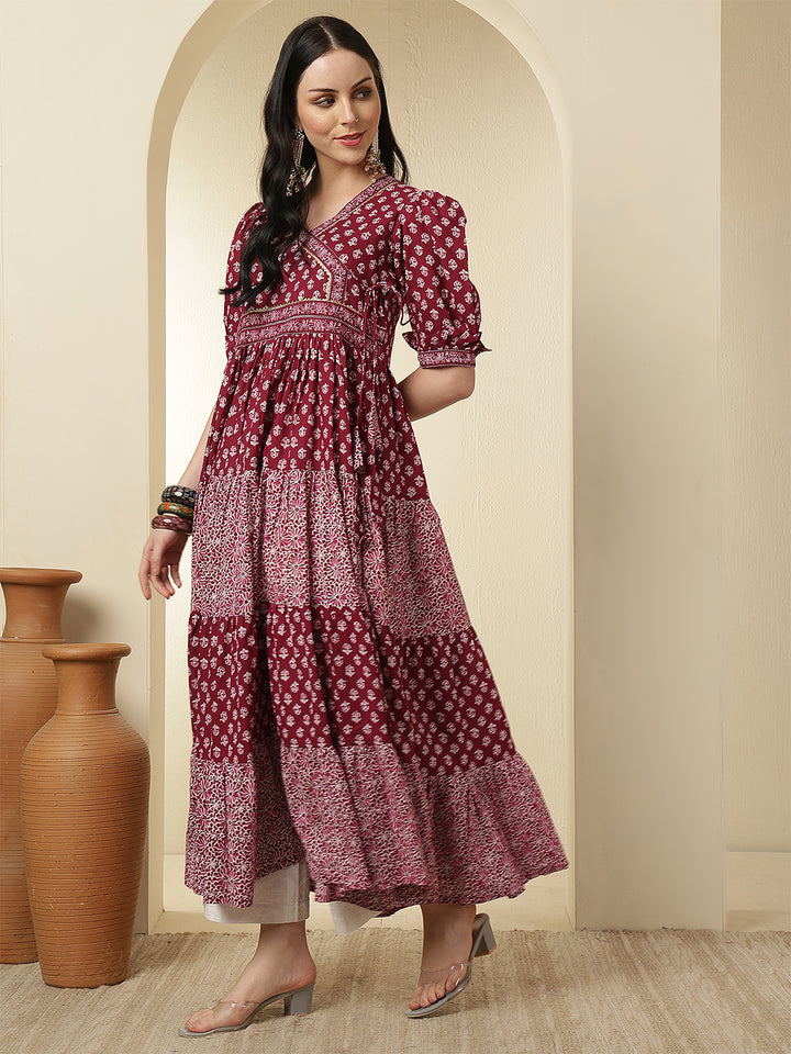 Women Rayon Printed Ankle Length Short Sleeve Round Neck Tiered Kurta