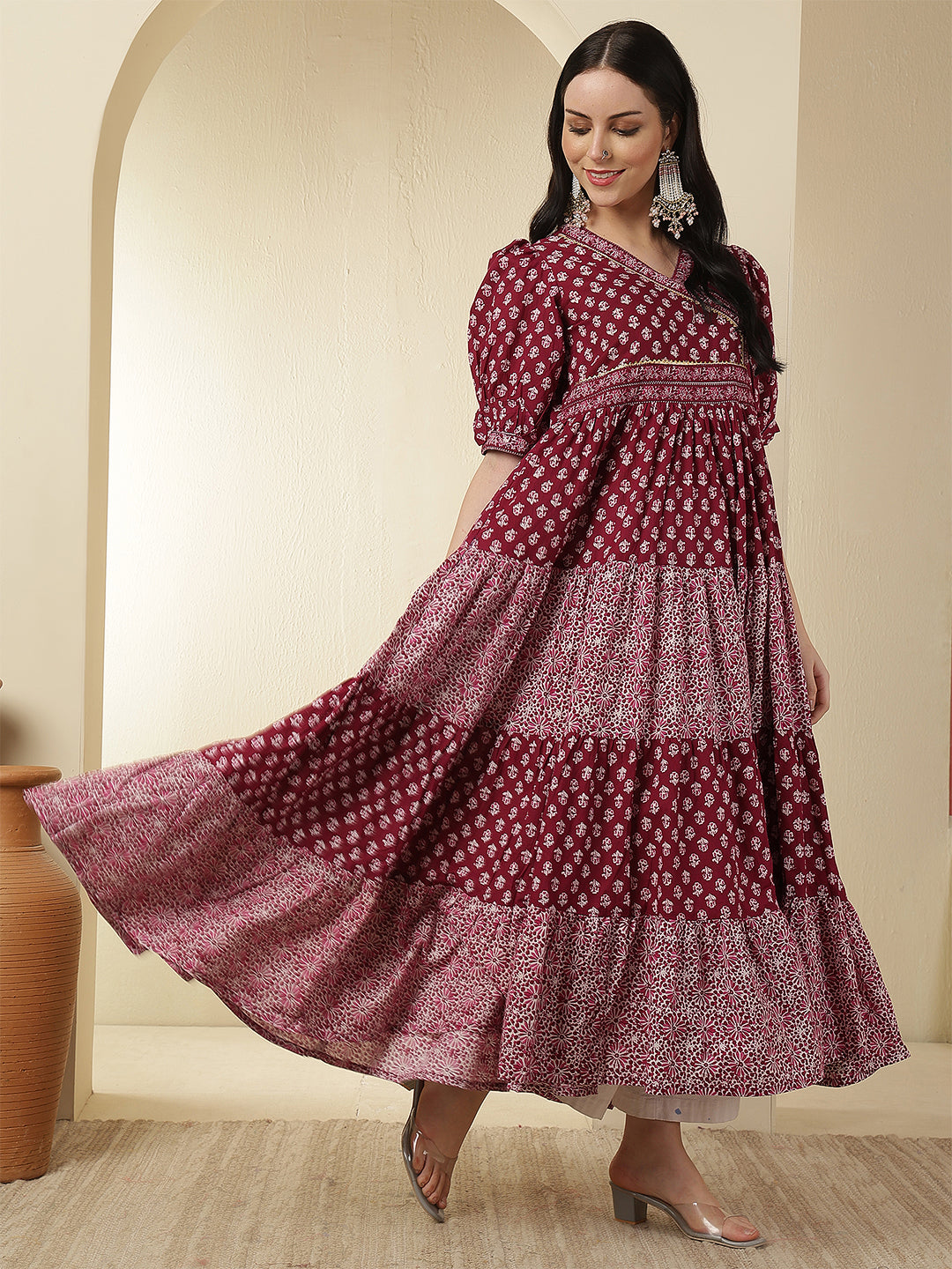Women Rayon Printed Ankle Length Short Sleeve Round Neck Tiered Kurta