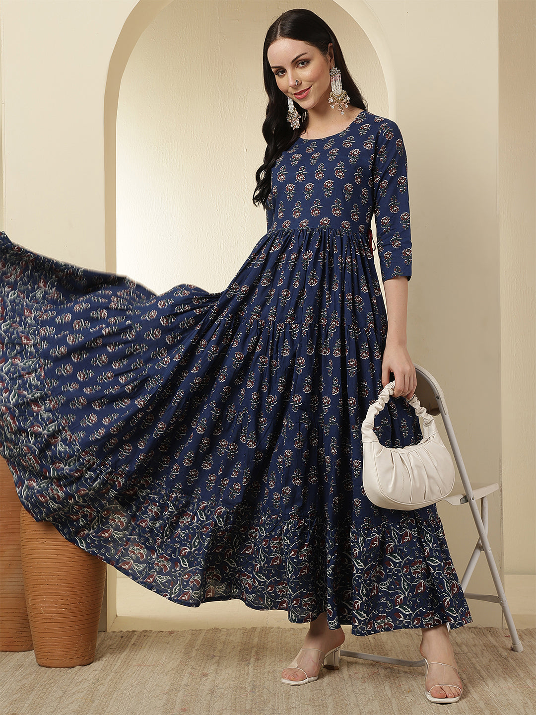 Women Cotton Printed Ankle Length Round Neck Tiered Kurta