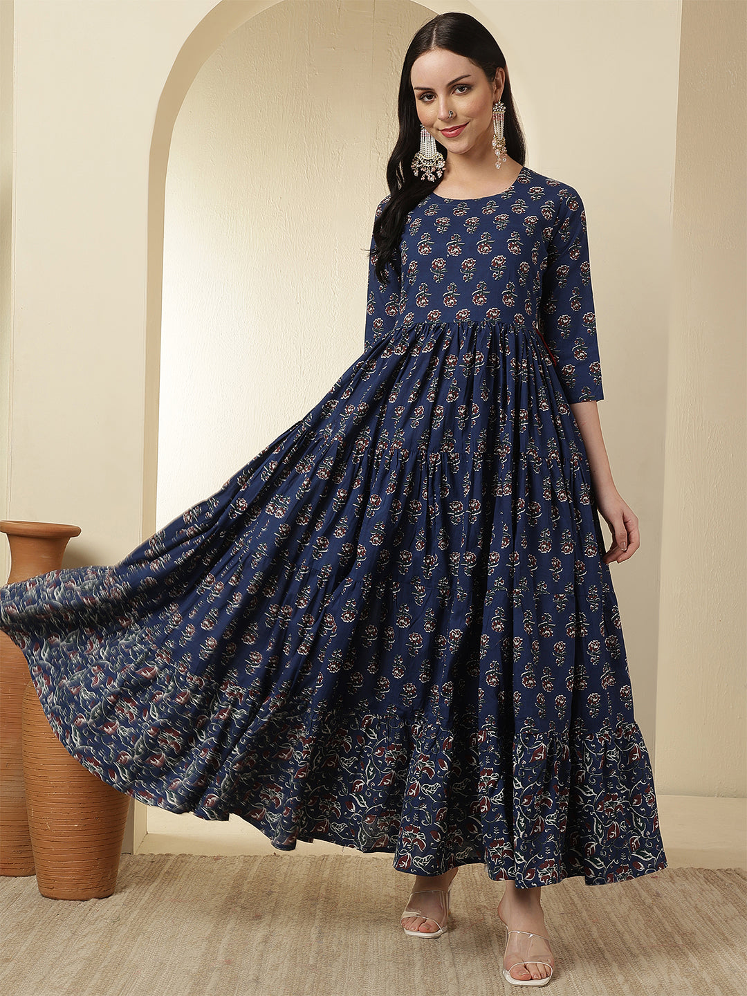 Women Cotton Printed Ankle Length Round Neck Tiered Kurta