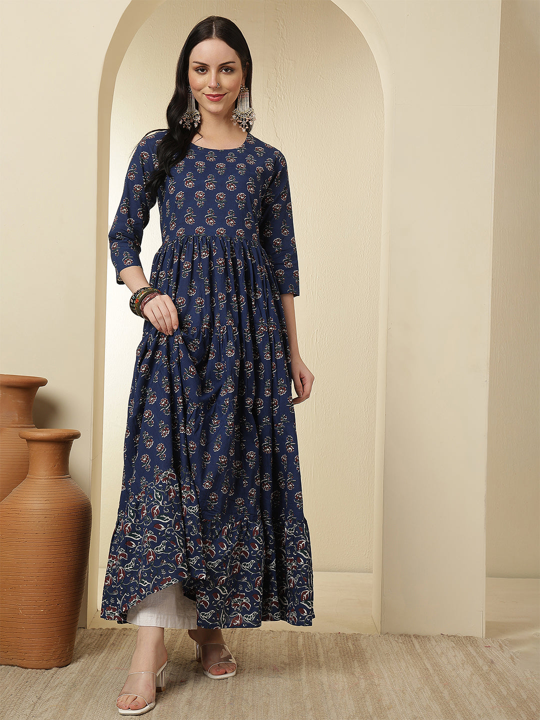 Women Cotton Printed Ankle Length Round Neck Tiered Kurta
