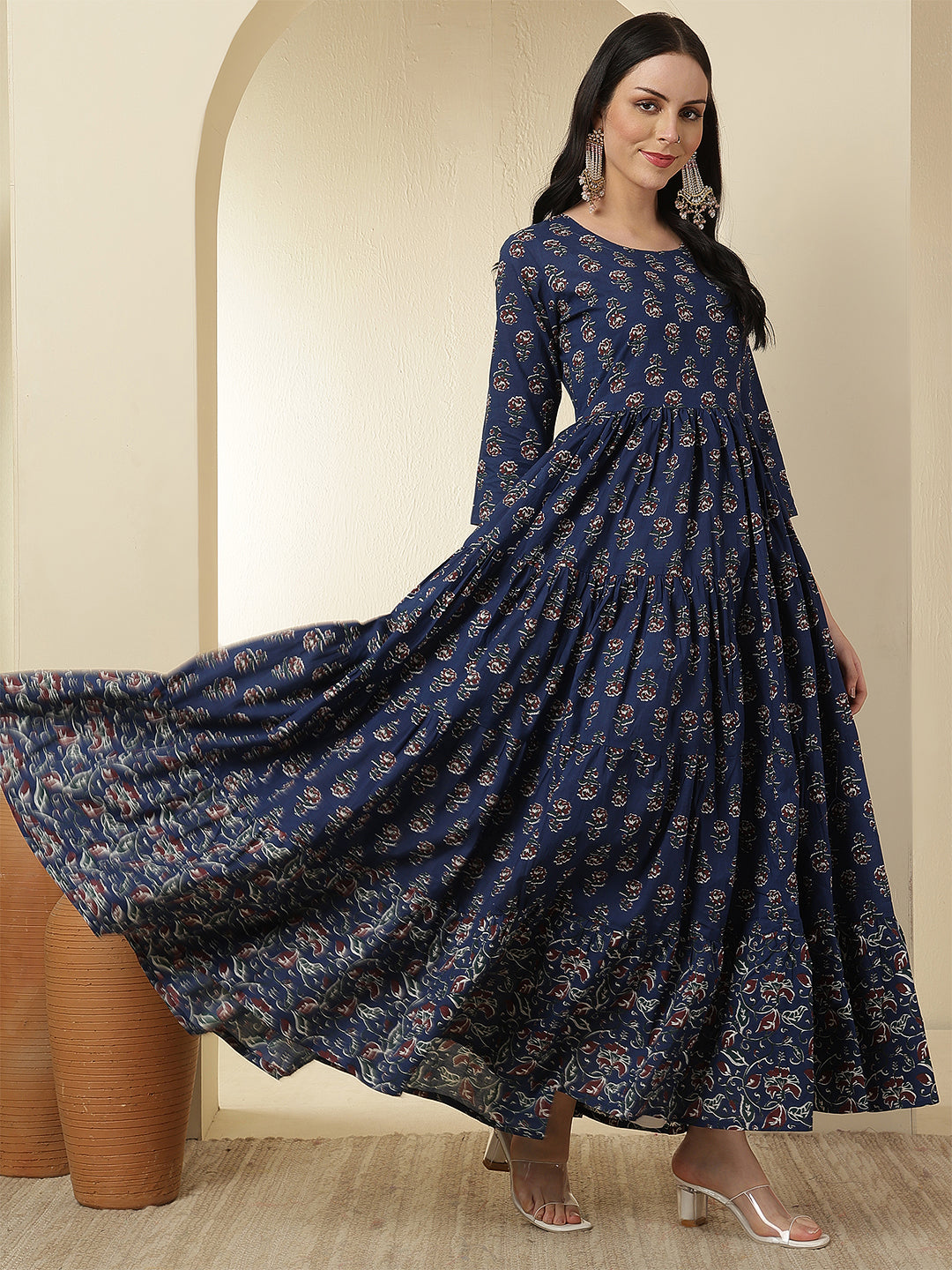 Women Cotton Printed Ankle Length Round Neck Tiered Kurta