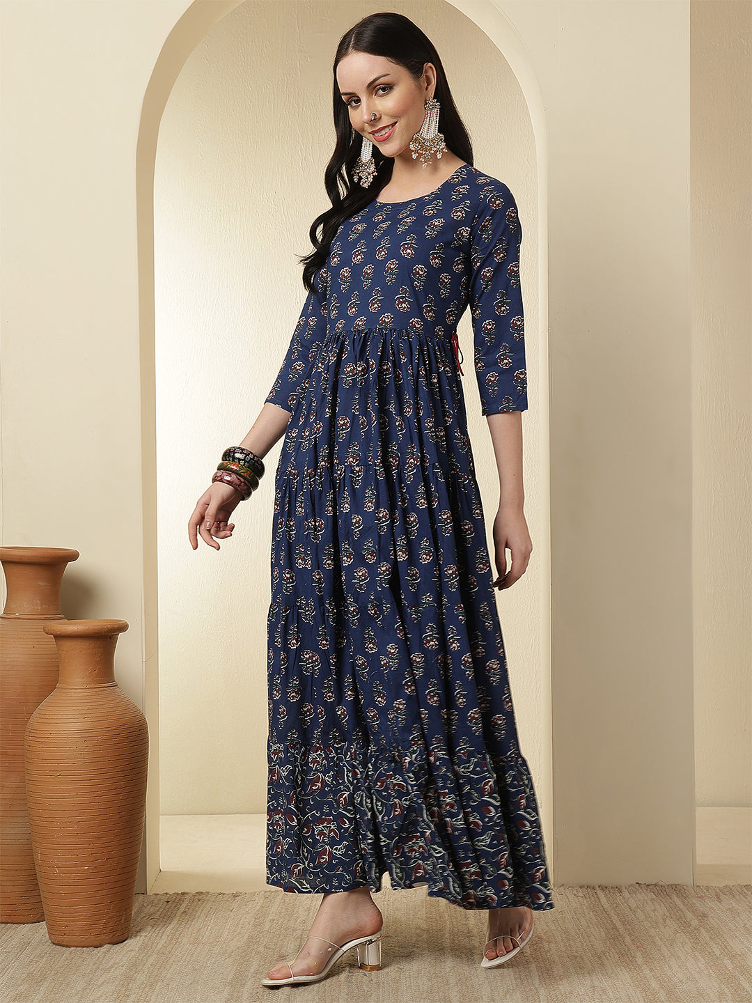 Women Cotton Printed Ankle Length Round Neck Tiered Kurta