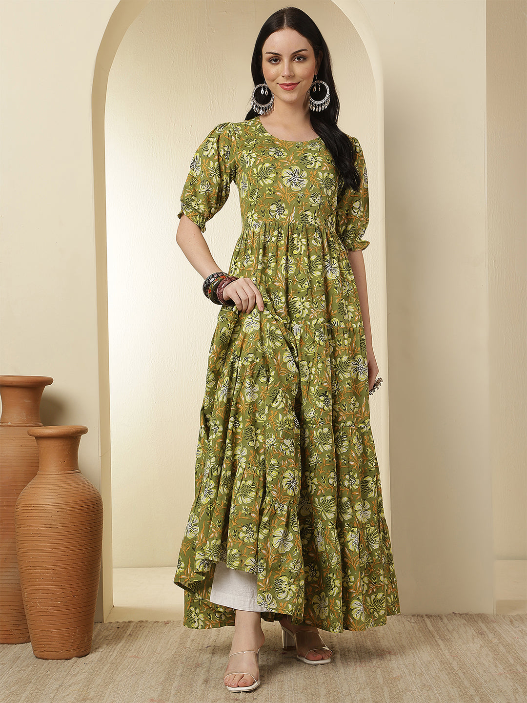 Women Rayon Printed Ankle Length Round Neck Tiered Kurta