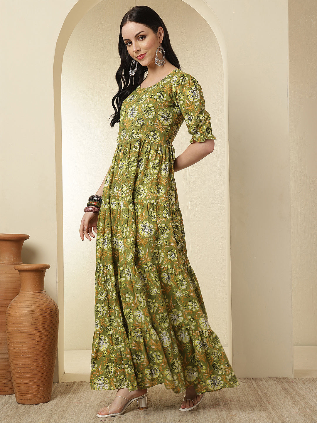 Women Rayon Printed Ankle Length Round Neck Tiered Kurta