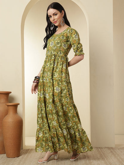 Women Rayon Printed Ankle Length Round Neck Tiered Kurta
