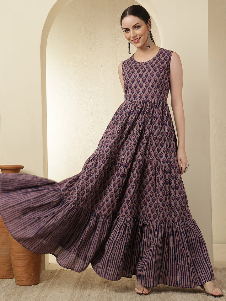 Women Cotton Printed Ankle Length Sleeve Round Neck Tiered Kurta