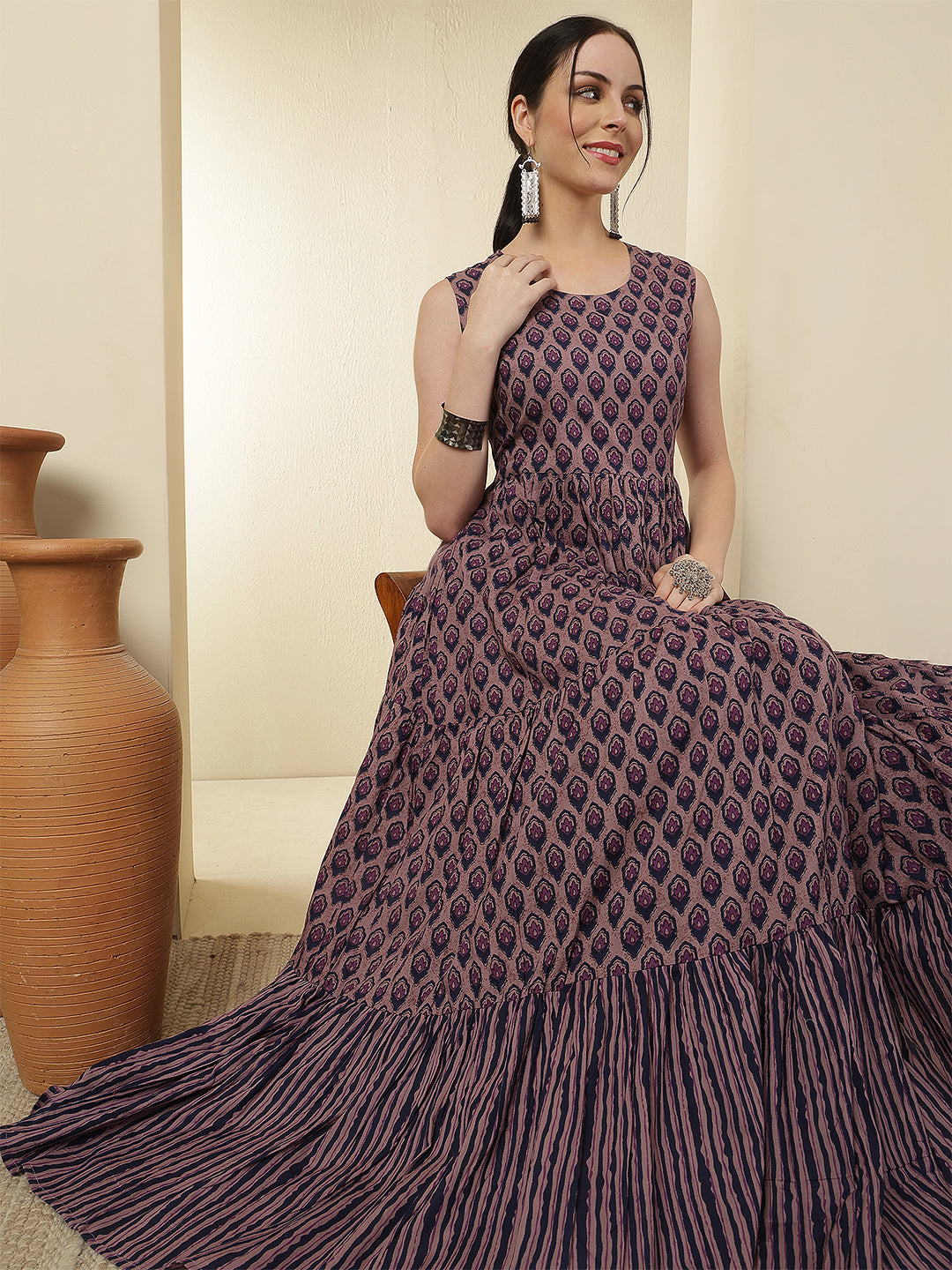 Women Cotton Printed Ankle Length Sleeve Round Neck Tiered Kurta