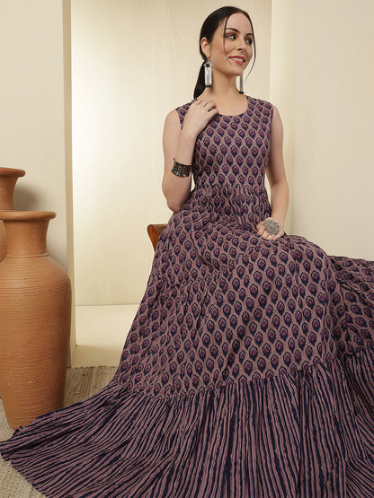 Women Cotton Printed Ankle Length Sleeve Round Neck Tiered Kurta