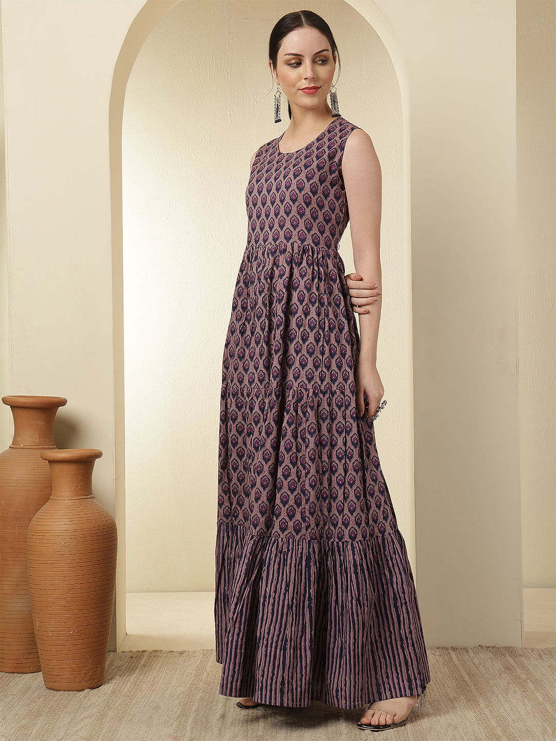 Women Cotton Printed Ankle Length Sleeve Round Neck Tiered Kurta