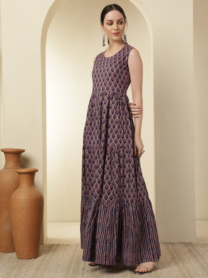 Women Cotton Printed Ankle Length Sleeve Round Neck Tiered Kurta