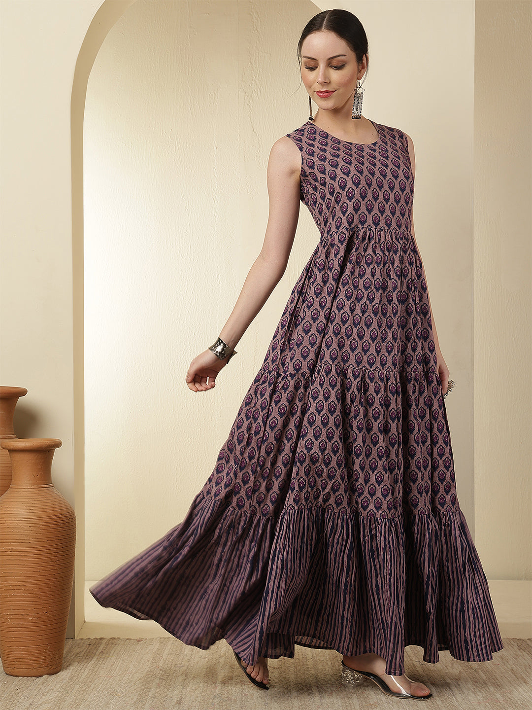 Women Cotton Printed Ankle Length Sleeve Round Neck Tiered Kurta