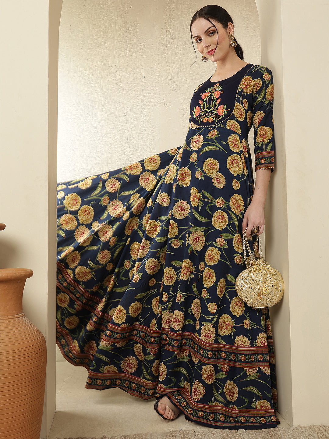 Women Rayon Printed Ankle Length Round Neck Anarkali Kurta