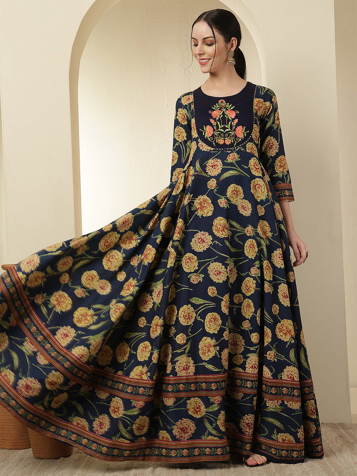 Women Rayon Printed Ankle Length Round Neck Anarkali Kurta