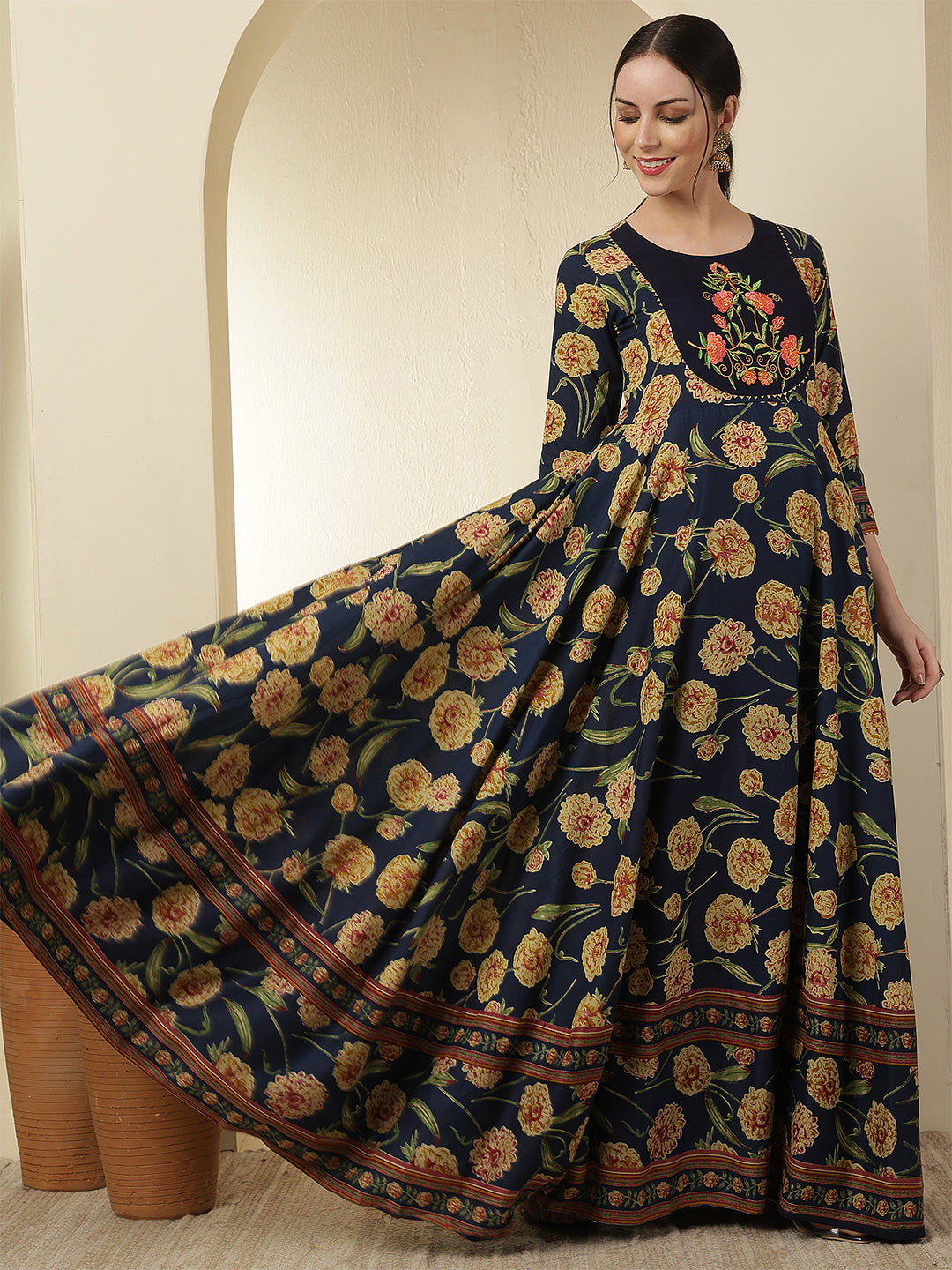 Women Rayon Printed Ankle Length Round Neck Anarkali Kurta
