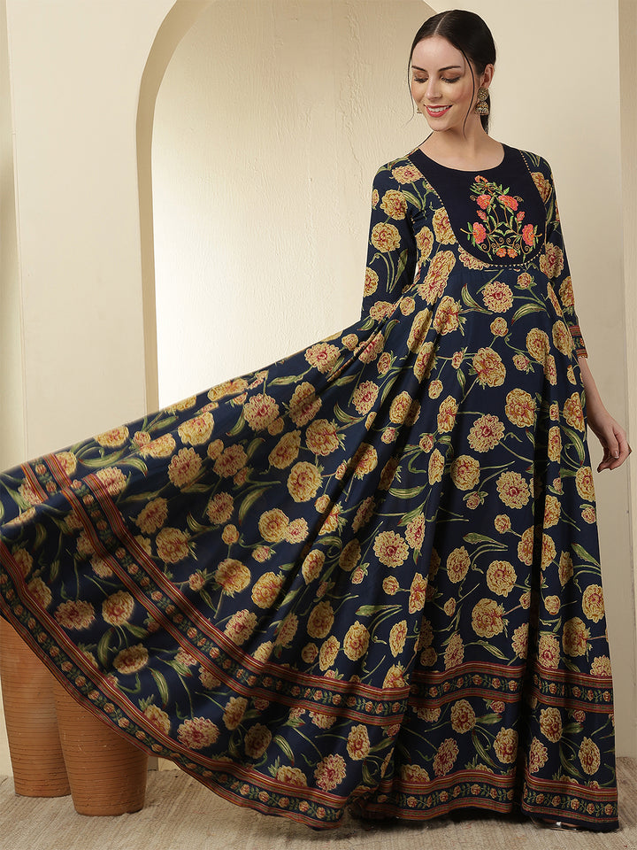 Women Rayon Printed Ankle Length Round Neck Anarkali Kurta
