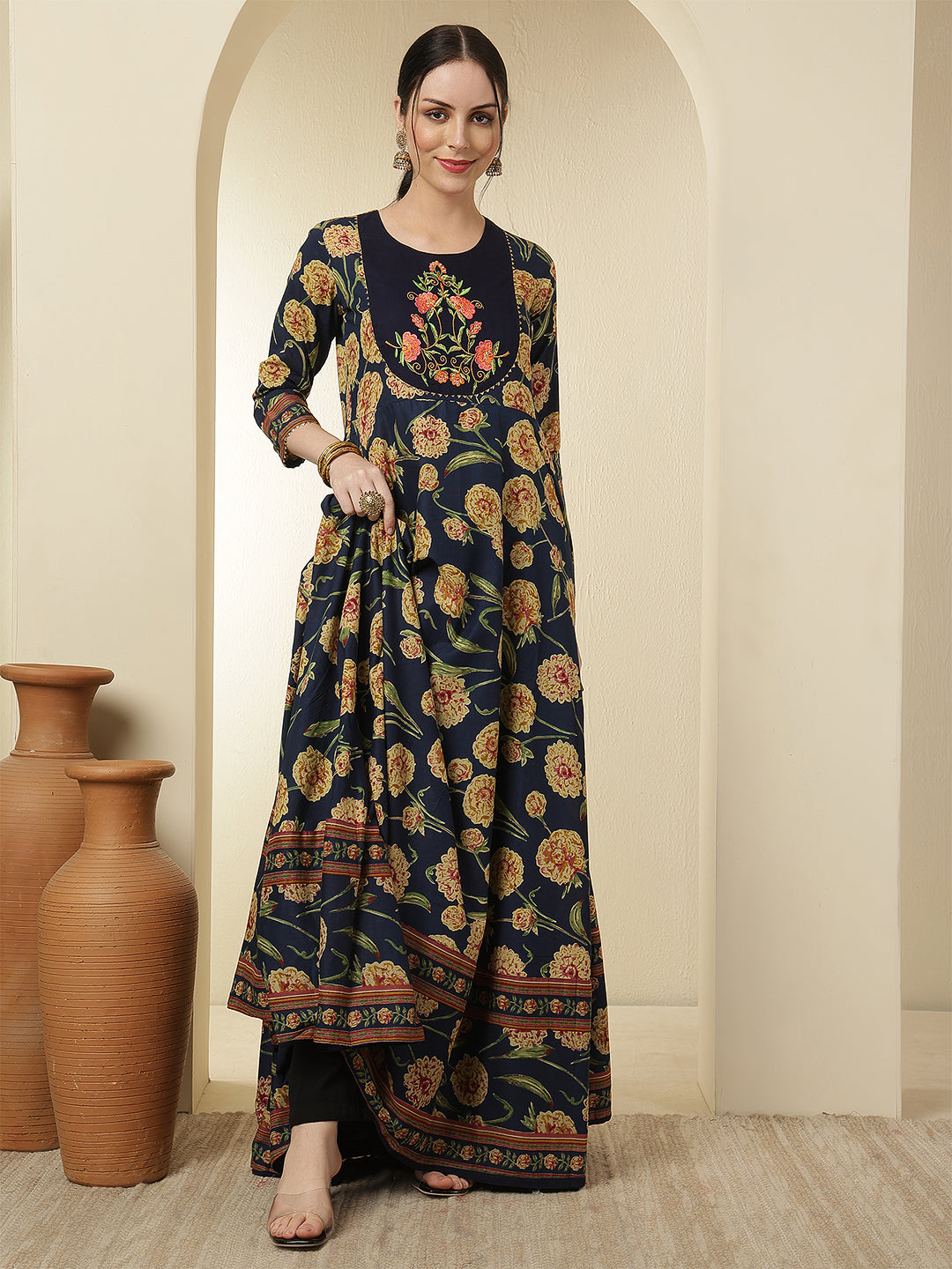 Women Rayon Printed Ankle Length Round Neck Anarkali Kurta