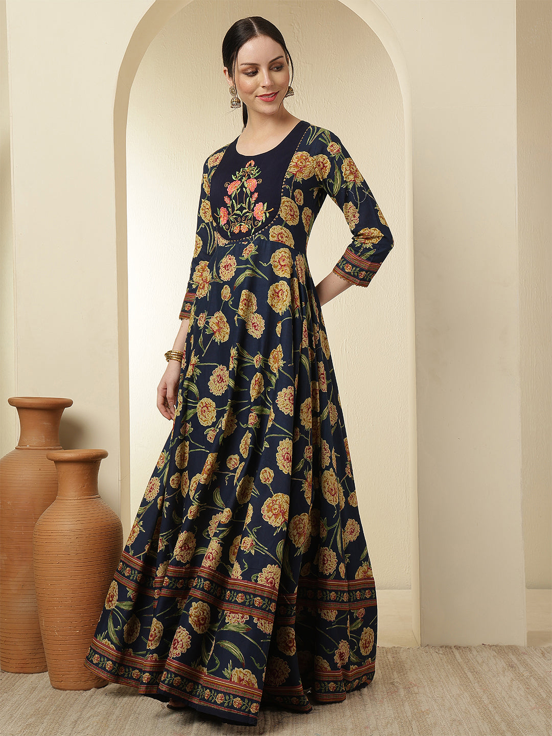 Women Rayon Printed Ankle Length Round Neck Anarkali Kurta