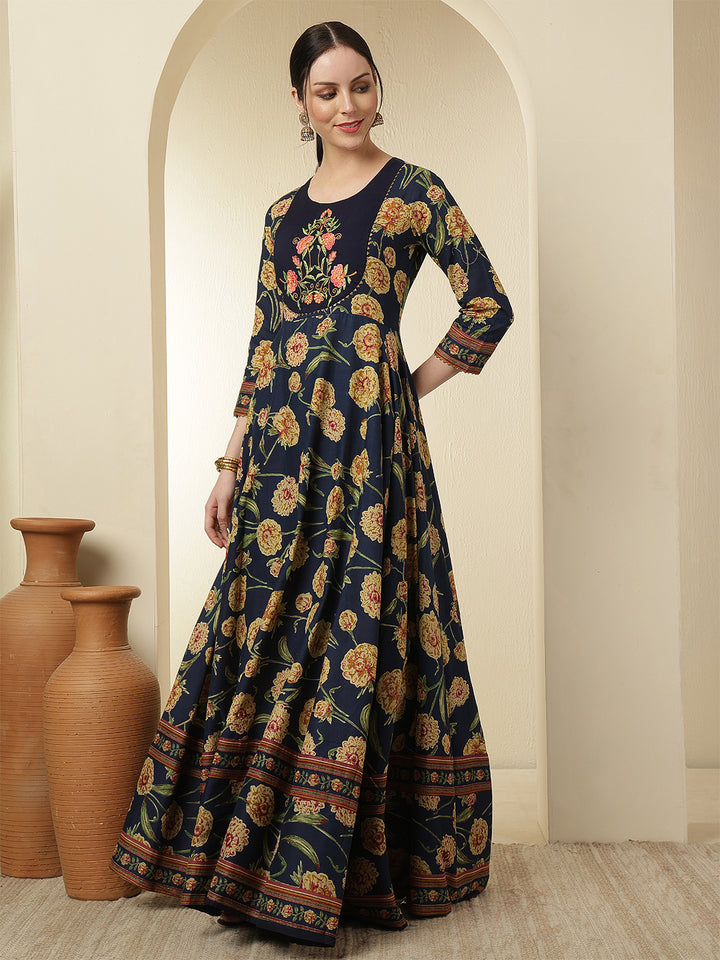 Women Rayon Printed Ankle Length Round Neck Anarkali Kurta