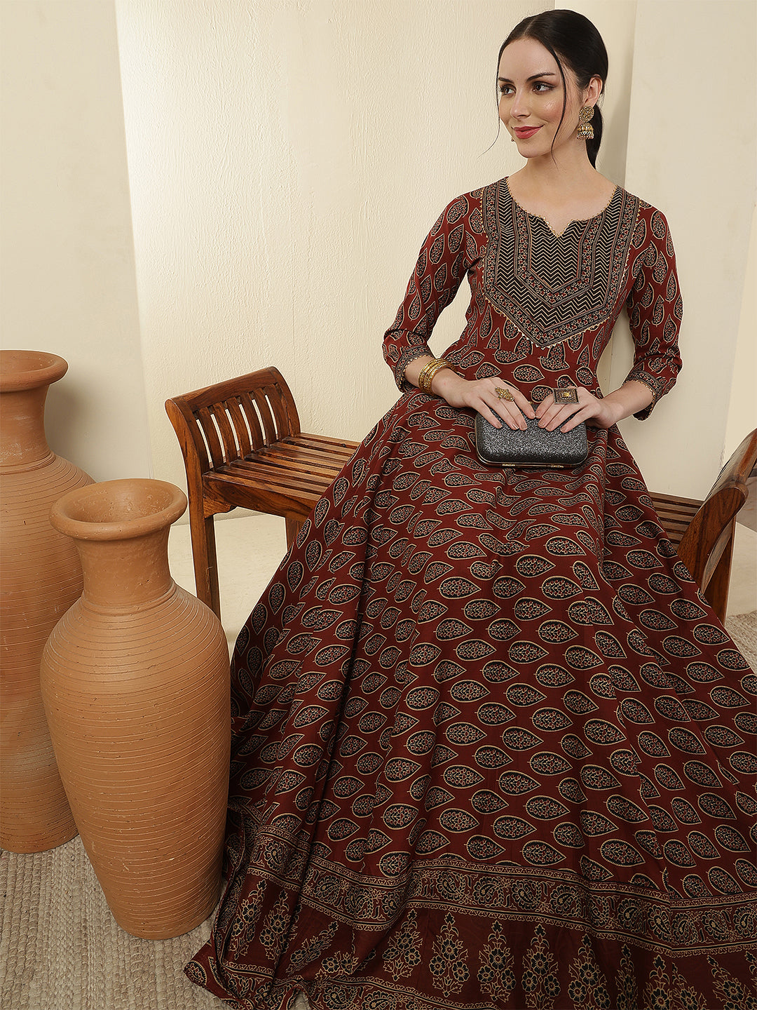Women Cotton Printed Ankle Length Round Neck Anarkali Kurta