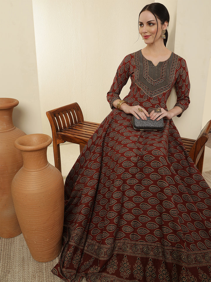 Women Cotton Printed Ankle Length Round Neck Anarkali Kurta