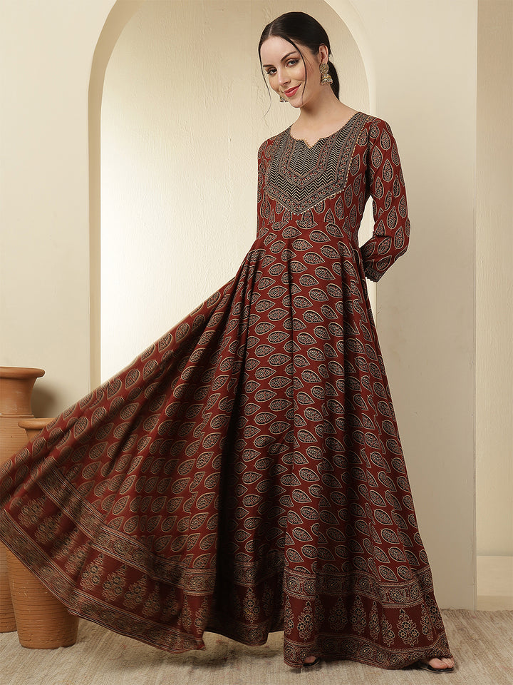 Women Cotton Printed Ankle Length Round Neck Anarkali Kurta