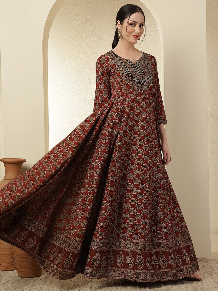 Women Cotton Printed Ankle Length Round Neck Anarkali Kurta