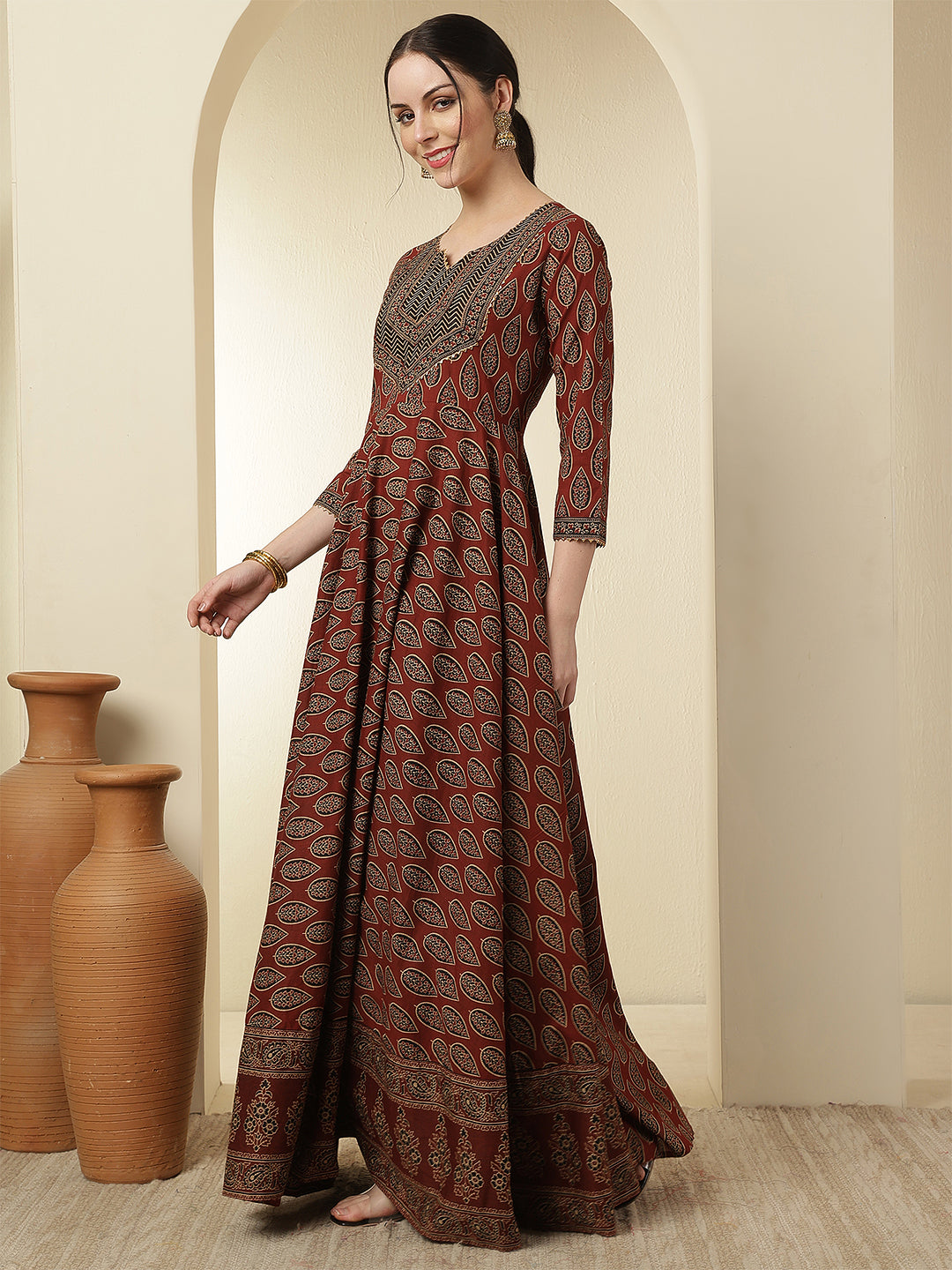 Women Cotton Printed Ankle Length Round Neck Anarkali Kurta