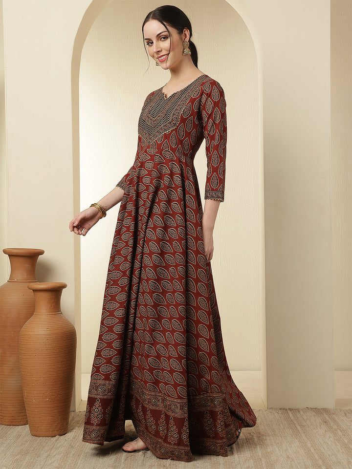Women Cotton Printed Ankle Length Round Neck Anarkali Kurta