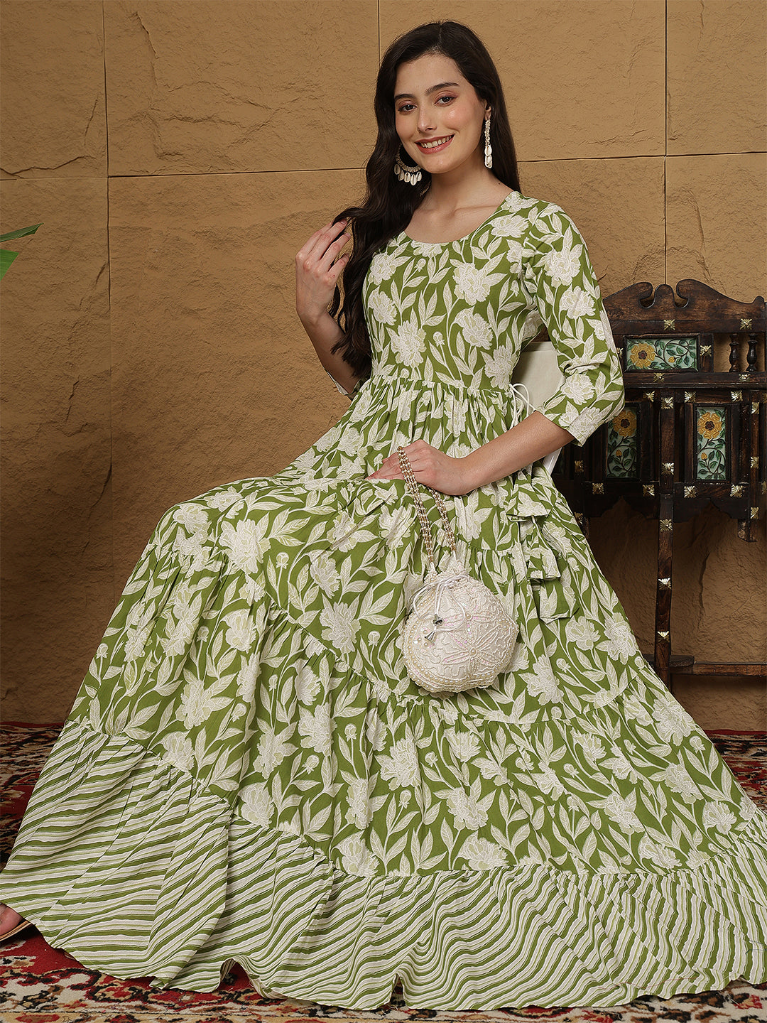 Women Rayon Printed Ankle Length Round Neck Tiered Kurta