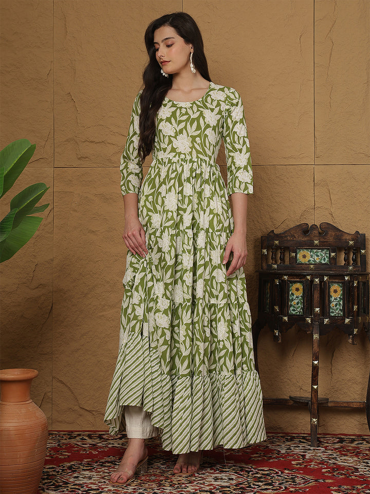 Women Rayon Printed Ankle Length Round Neck Tiered Kurta