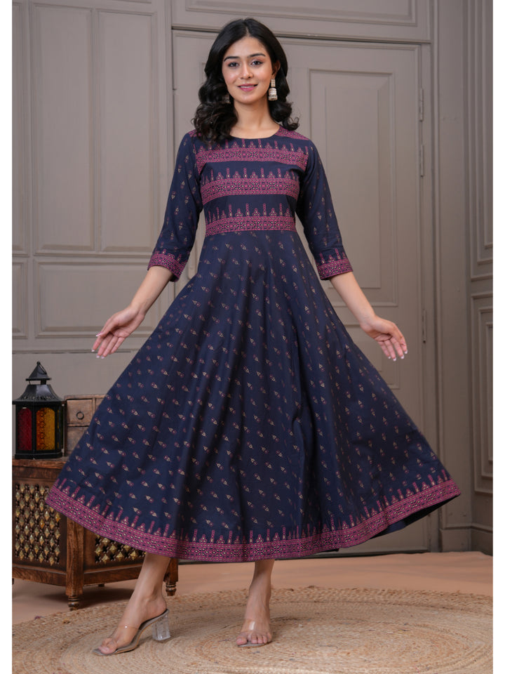 Women Cotton Printed Ankle Length Round Neck Anarkali Kurta