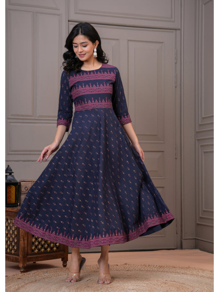 Women Cotton Printed Ankle Length Round Neck Anarkali Kurta
