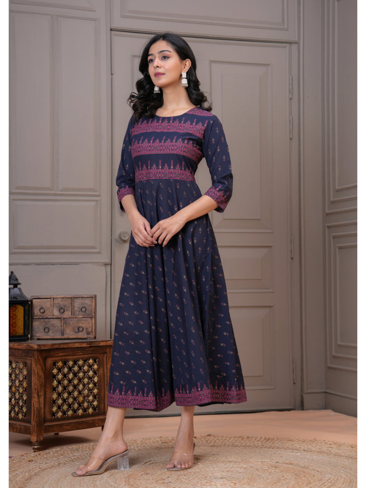 Women Cotton Printed Ankle Length Round Neck Anarkali Kurta