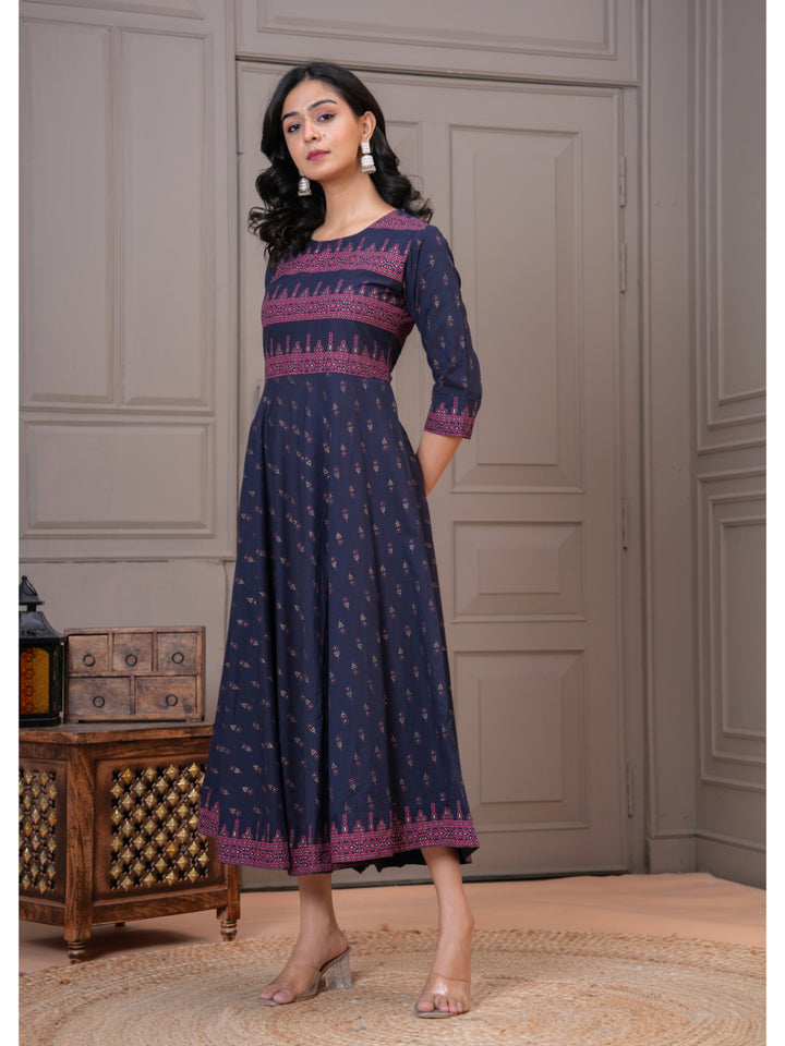 Women Cotton Printed Ankle Length Round Neck Anarkali Kurta