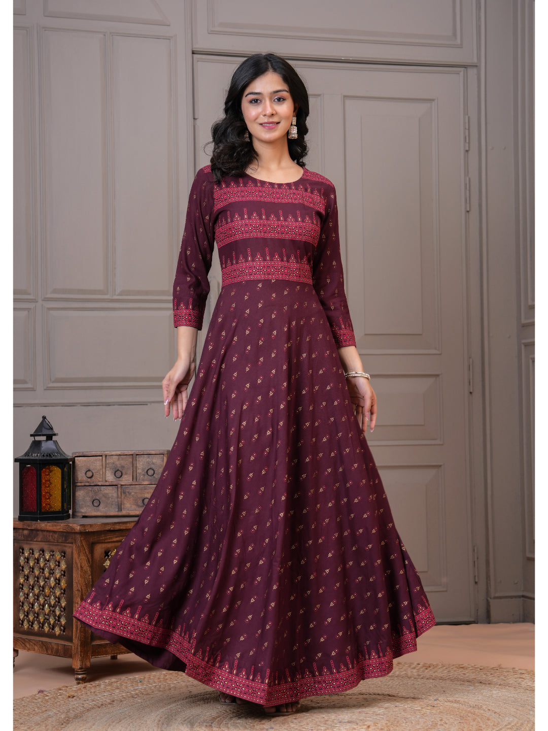 Women Cotton Printed Ankle Length Round Neck Anarkali Kurta