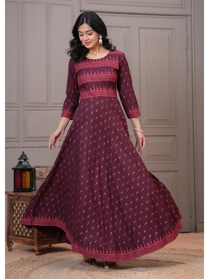 Women Cotton Printed Ankle Length Round Neck Anarkali Kurta