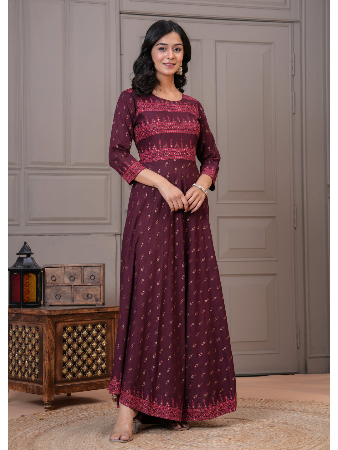 Women Cotton Printed Ankle Length Round Neck Anarkali Kurta