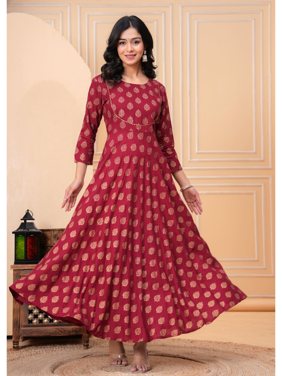 Women Cotton Printed Ankle Length Round Neck Anarkali Kurta