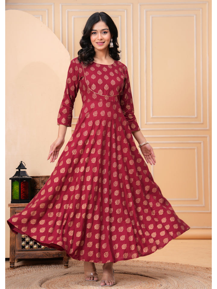 Women Cotton Printed Ankle Length Round Neck Anarkali Kurta