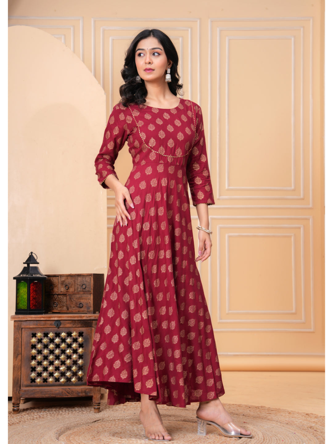 Women Cotton Printed Ankle Length Round Neck Anarkali Kurta