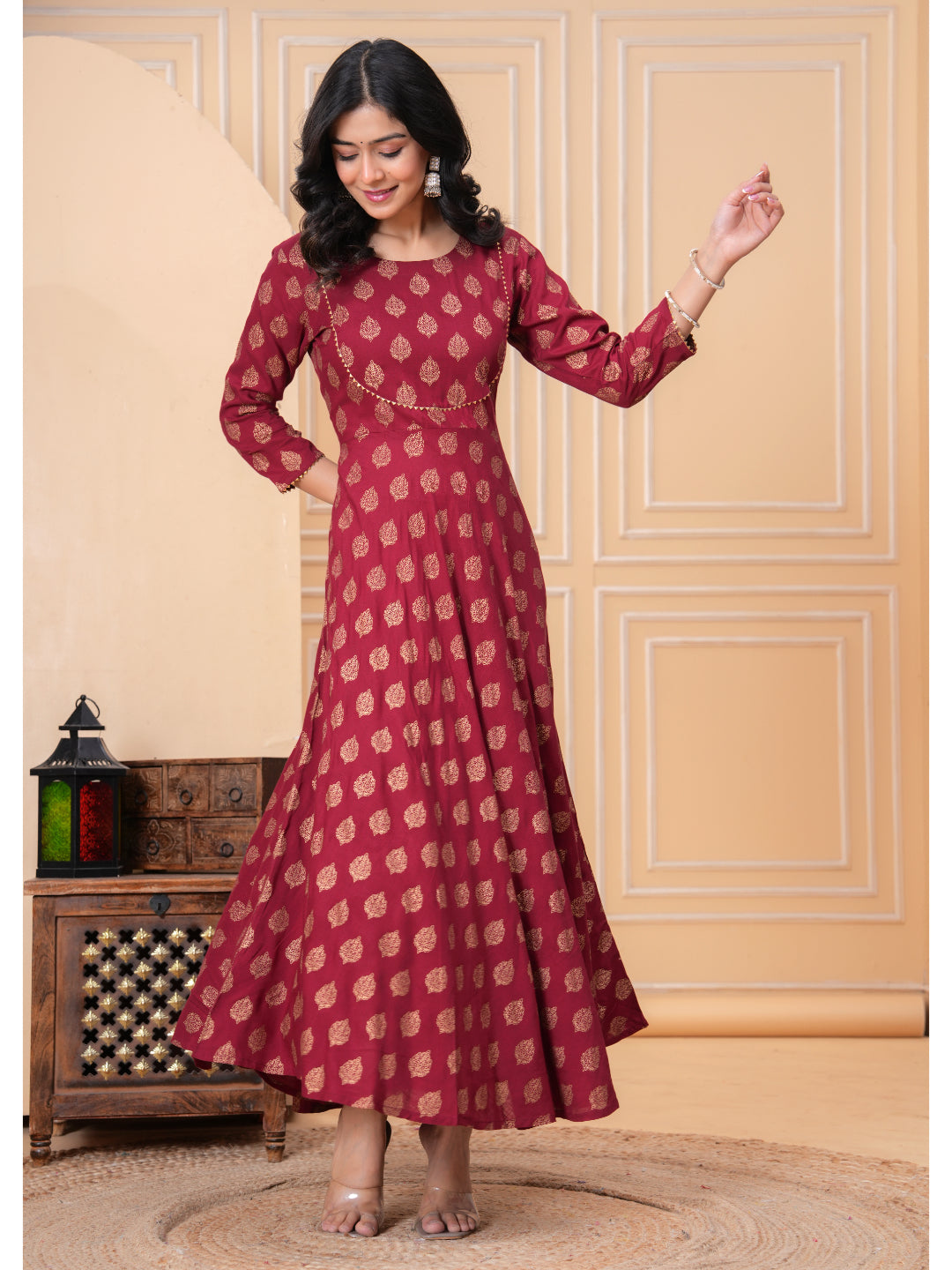 Women Cotton Printed Ankle Length Round Neck Anarkali Kurta