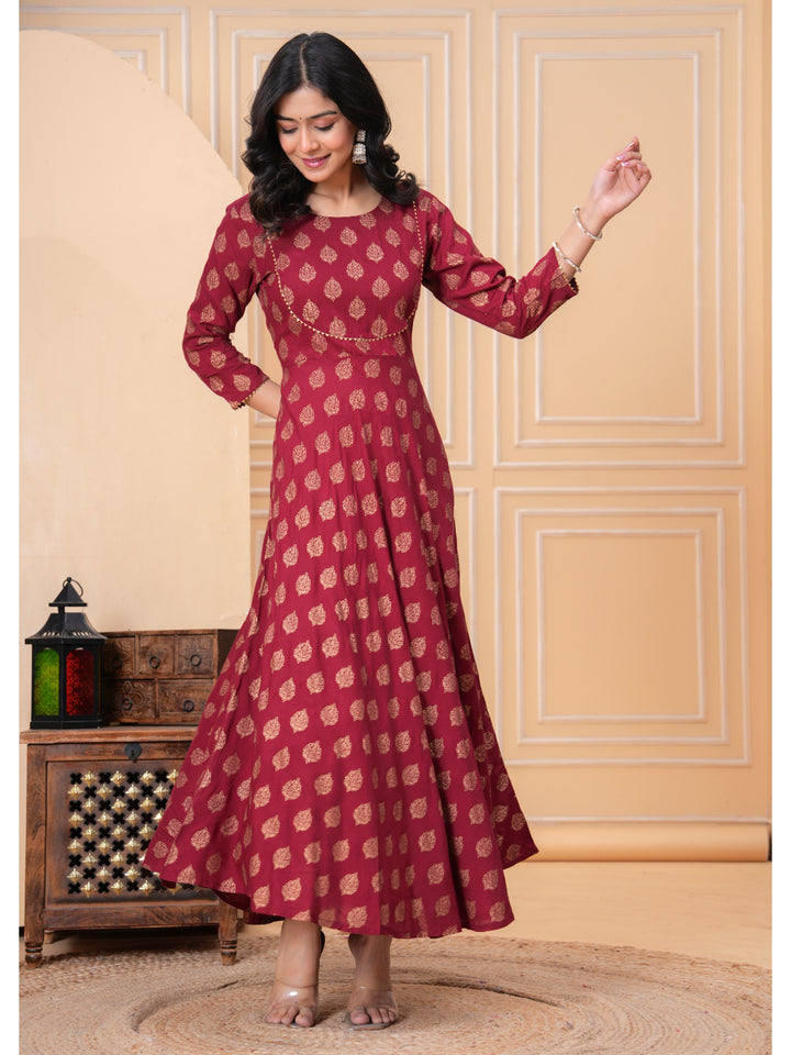Women Cotton Printed Ankle Length Round Neck Anarkali Kurta