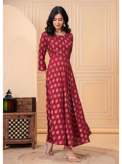 Women Cotton Printed Ankle Length Round Neck Anarkali Kurta