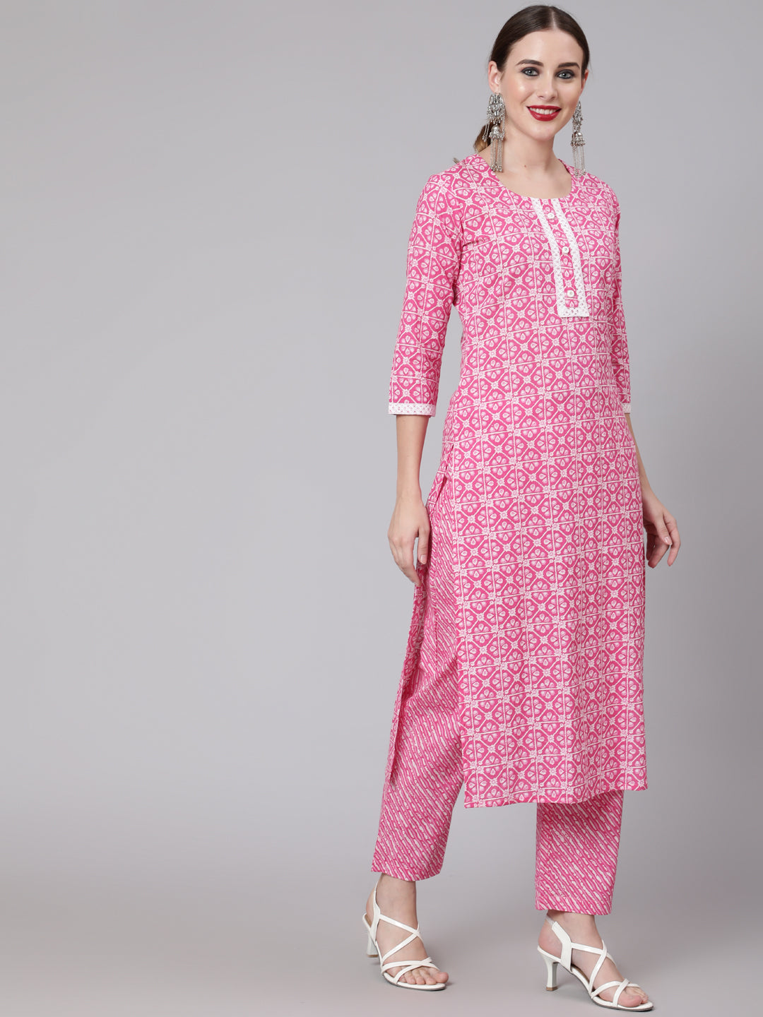 Cotton Printed Round Neck 3/4 Sleeve Straight Kurta Pant Set, view 3