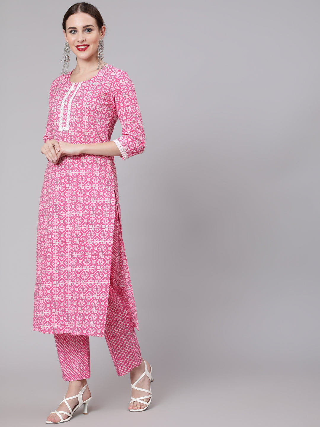 Cotton Printed Round Neck 3/4 Sleeve Straight Kurta Pant Set, view 4
