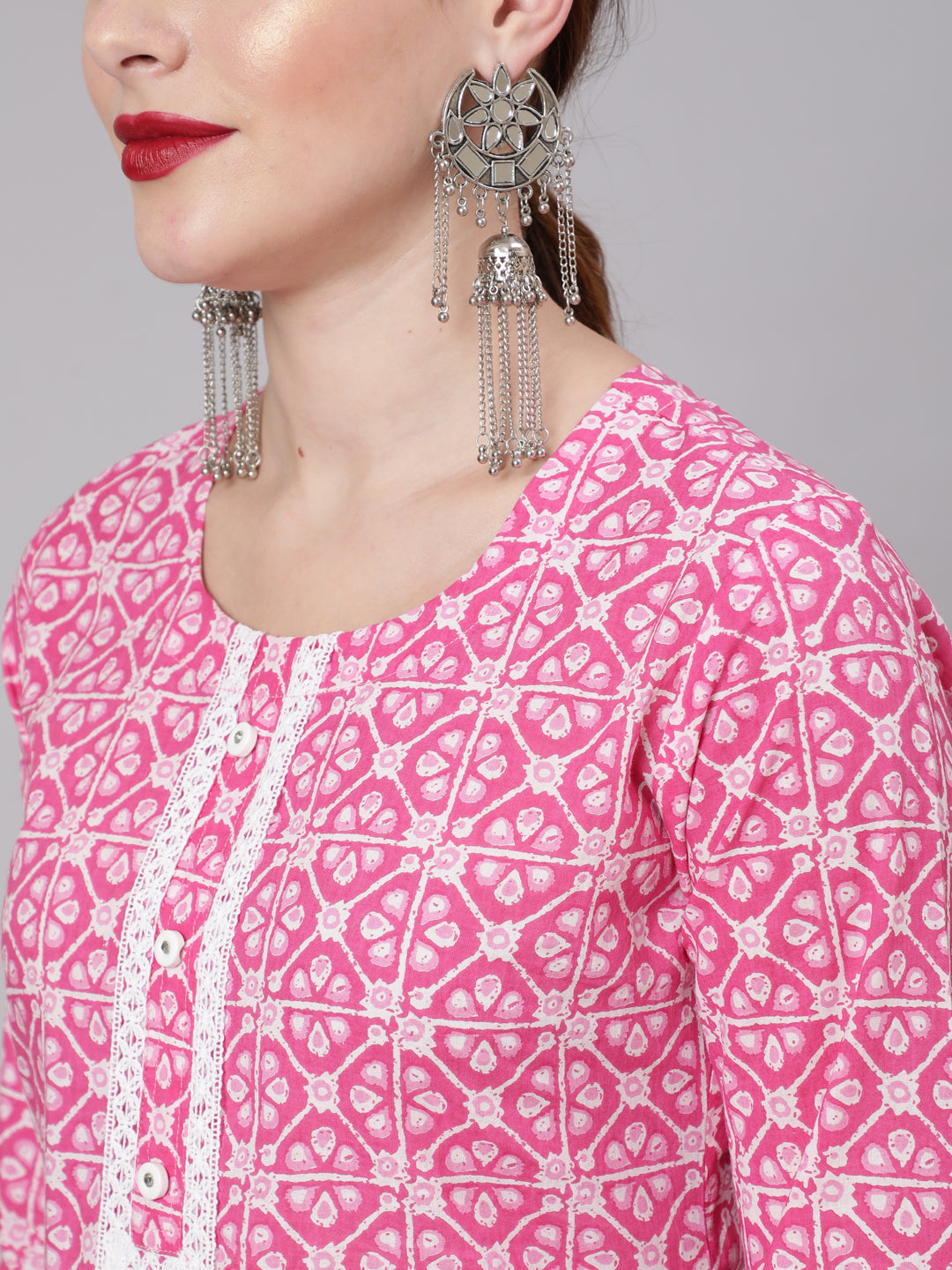 Cotton Printed Round Neck 3/4 Sleeve Straight Kurta Pant Set, view 5