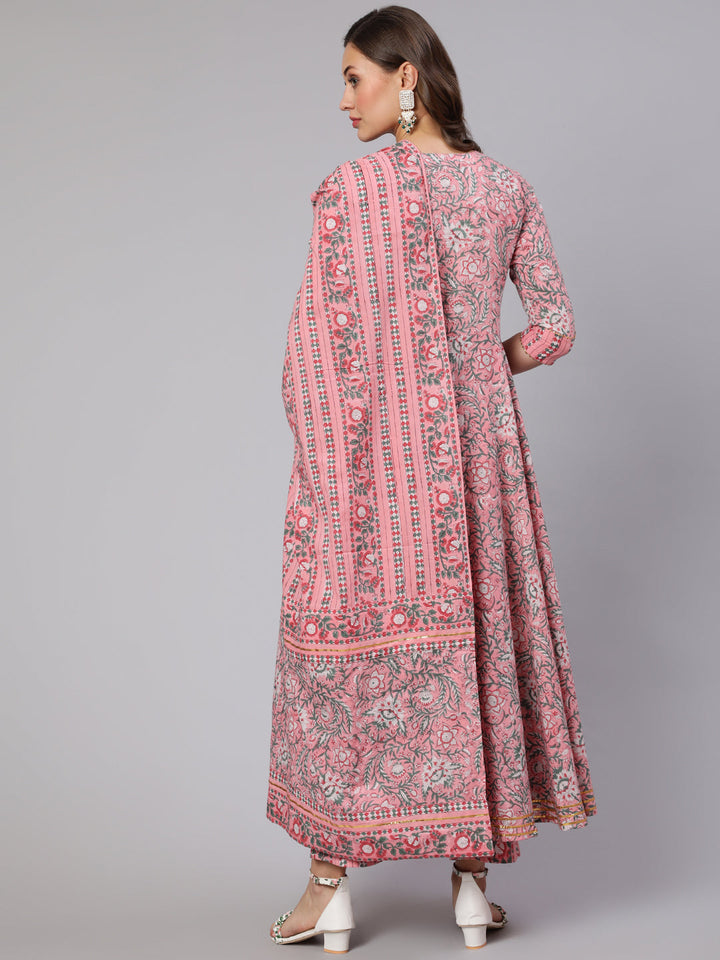 Cotton Printed Ankle Length Flared Round Neck Kurta, Pants With Dupatta Set