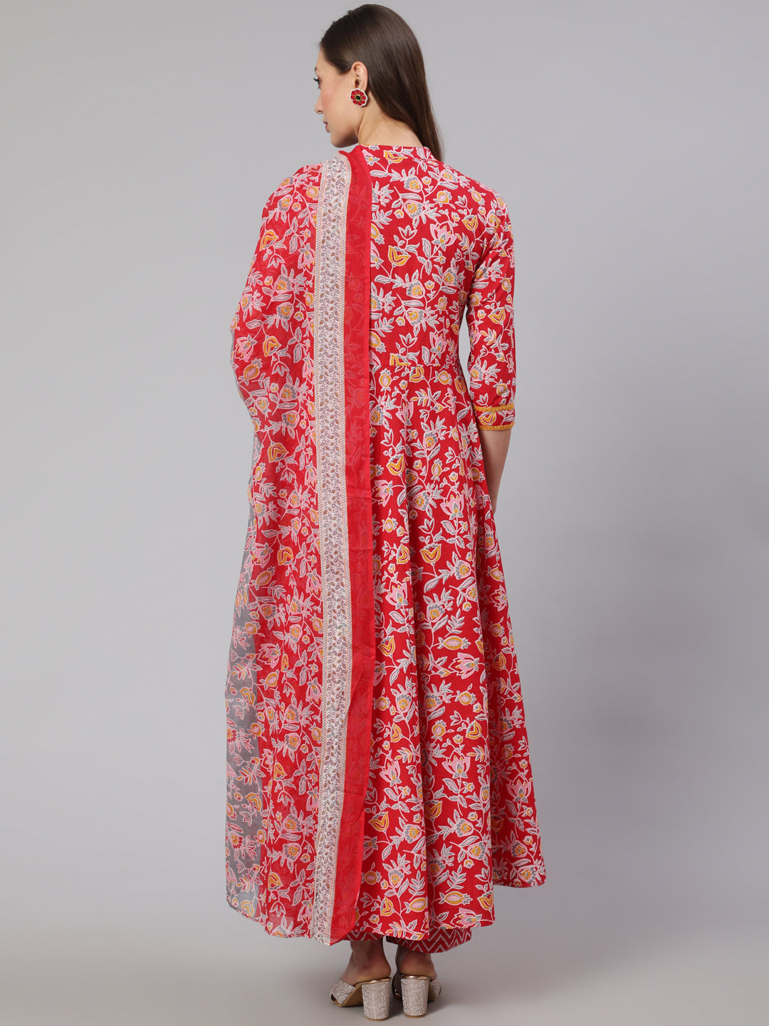 Cotton Printed Ankle Length Flared 3/4 Sleeve Mandarin Neck Kurta, Pants With Dupatta Set